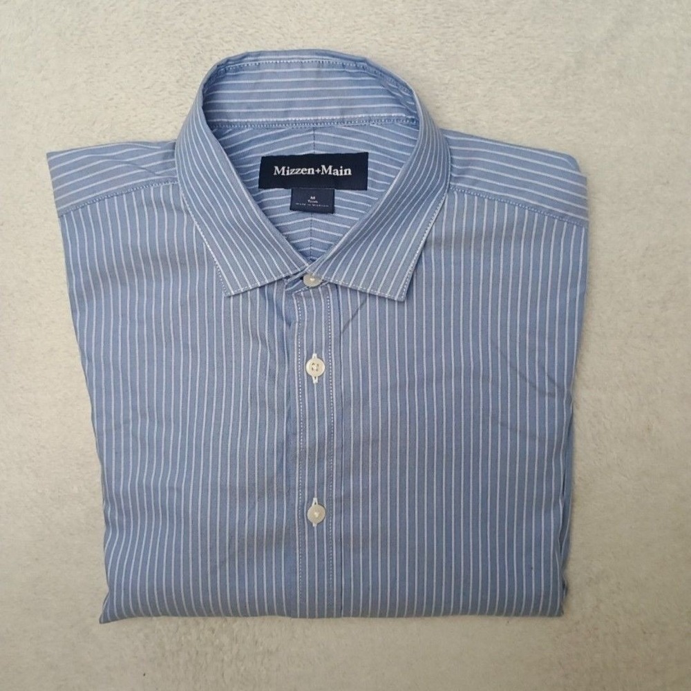 Mizzen+Main Shirt Mens M Blue Striped Button-Up Slim Stretch Trim Point Collar
